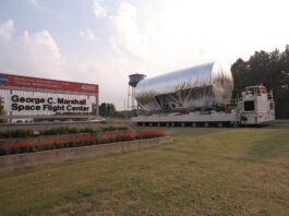 NASA Marshall Celebrates 65 Years of Innovation and Collaboration The 45-foot, port-side (P1) truss segment flight article for the International Space Station is being transported to the Redstone Airfield, Marshall Space Flight Center. The truss will be loaded aboard NASA