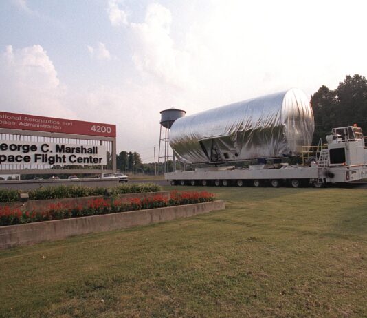 NASA Marshall Celebrates 65 Years of Innovation and Collaboration The 45-foot, port-side (P1) truss segment flight article for the International Space Station is being transported to the Redstone Airfield, Marshall Space Flight Center. The truss will be loaded aboard NASA