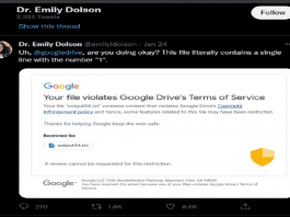 Warning- Google Drive Flags Folder Containing Only “1” As A Copyright Infringement.