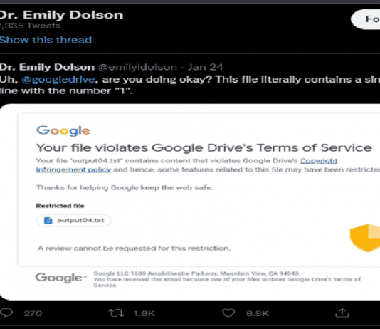Warning- Google Drive Flags Folder Containing Only “1” As A Copyright Infringement.