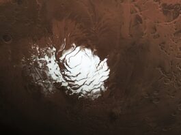 NASA Spacecraft Sheds Light on Persistent Mars Enigma The European Space Agency’s Mars Express orbiter captured this view of Mars’ south polar ice cap Feb. 25, 2015. Three years later, the spacecraft detected a signal from the area to the right of the ice cap that scientists interpreted as an underground lake.