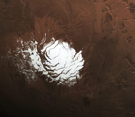 NASA Spacecraft Sheds Light on Persistent Mars Enigma The European Space Agency’s Mars Express orbiter captured this view of Mars’ south polar ice cap Feb. 25, 2015. Three years later, the spacecraft detected a signal from the area to the right of the ice cap that scientists interpreted as an underground lake.