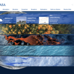 Utilizing NASA Data for the New School Year Screen capture of the My NASA Data homepage. Graphic has a blue background with an image of the Earth and rows across half of the picture representing water, sea ice, forests, clouds, and lava. Words at the top list the content categories.