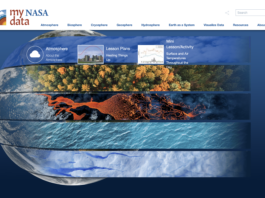 Utilizing NASA Data for the New School Year Screen capture of the My NASA Data homepage. Graphic has a blue background with an image of the Earth and rows across half of the picture representing water, sea ice, forests, clouds, and lava. Words at the top list the content categories.