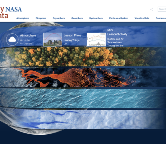 Utilizing NASA Data for the New School Year Screen capture of the My NASA Data homepage. Graphic has a blue background with an image of the Earth and rows across half of the picture representing water, sea ice, forests, clouds, and lava. Words at the top list the content categories.