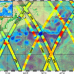New Sea Satellite Data Released by NASA and European Partners A map showing a portion of the North Atlantic Ocean, with the U.S. Eastern seaboard along the left side of the frame, is covered with wide yellow lines criss-crossing in X shapes. Written on the lines in black ink is either “S6MF” for Sentinel-6 Michael Freilich or “S6B” for Sentinel-6B, showing the orbital paths of each satellite. On the left side of the image, a legend labeled “sea level anomaly (cm)” shows a vertical, rainbow-hued graph ranging from dark blue at the bottom to dark red at the top; the colors correspond to blobs of each shade that cover the ocean on the map.