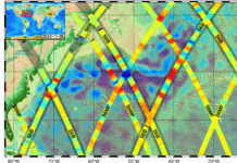 New Sea Satellite Data Released by NASA and European Partners A map showing a portion of the North Atlantic Ocean, with the U.S. Eastern seaboard along the left side of the frame, is covered with wide yellow lines criss-crossing in X shapes. Written on the lines in black ink is either “S6MF” for Sentinel-6 Michael Freilich or “S6B” for Sentinel-6B, showing the orbital paths of each satellite. On the left side of the image, a legend labeled “sea level anomaly (cm)” shows a vertical, rainbow-hued graph ranging from dark blue at the bottom to dark red at the top; the colors correspond to blobs of each shade that cover the ocean on the map.