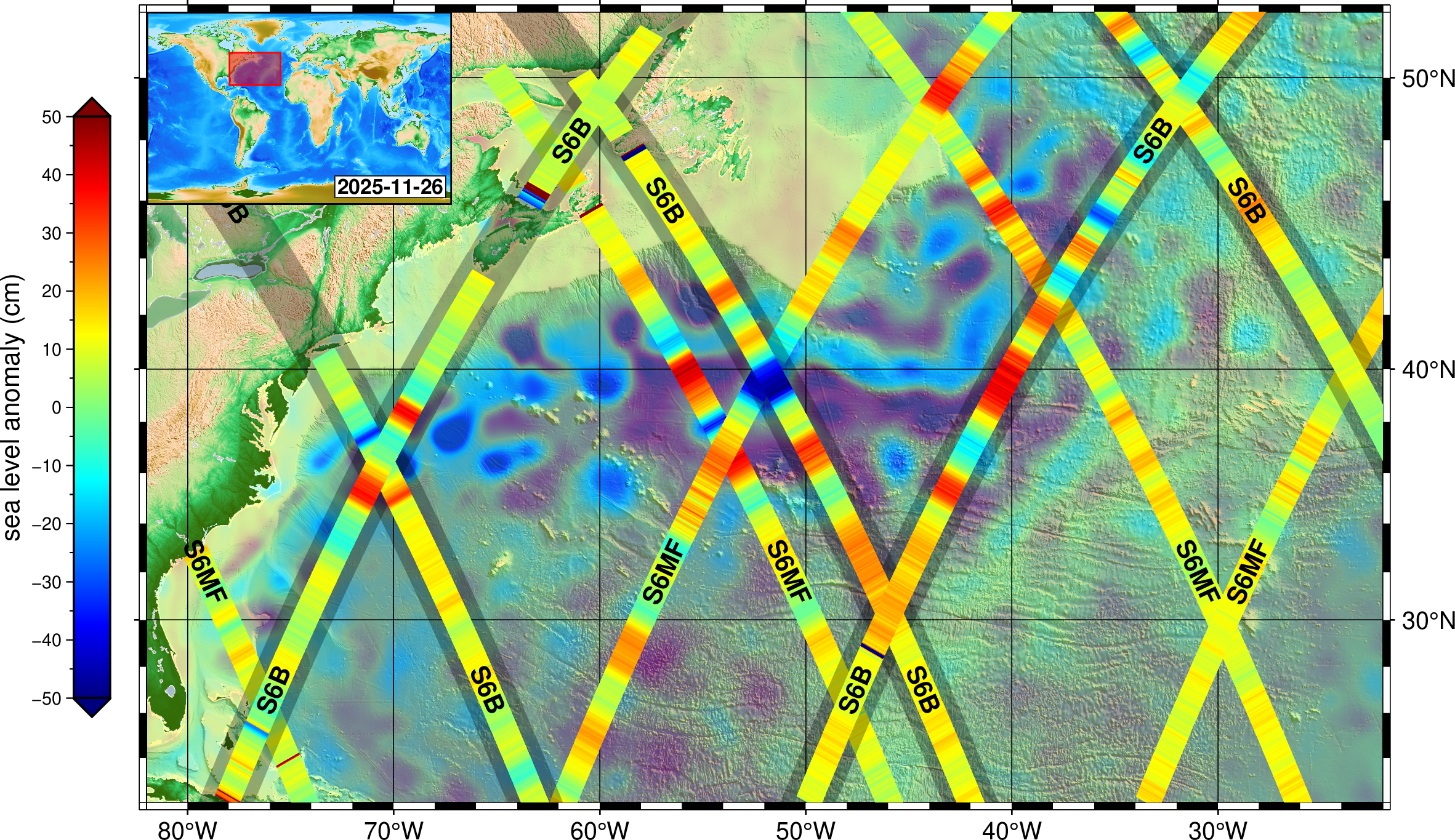 1 pia26618 s6b first image level2 c.png A map showing a portion of the North Atlantic Ocean, with the U.S. Eastern seaboard along the left side of the frame, is covered with wide yellow lines criss-crossing in X shapes. Written on the lines in black ink is either “S6MF” for Sentinel-6 Michael Freilich or “S6B” for Sentinel-6B, showing the orbital paths of each satellite. On the left side of the image, a legend labeled “sea level anomaly (cm)” shows a vertical, rainbow-hued graph ranging from dark blue at the bottom to dark red at the top; the colors correspond to blobs of each shade that cover the ocean on the map.