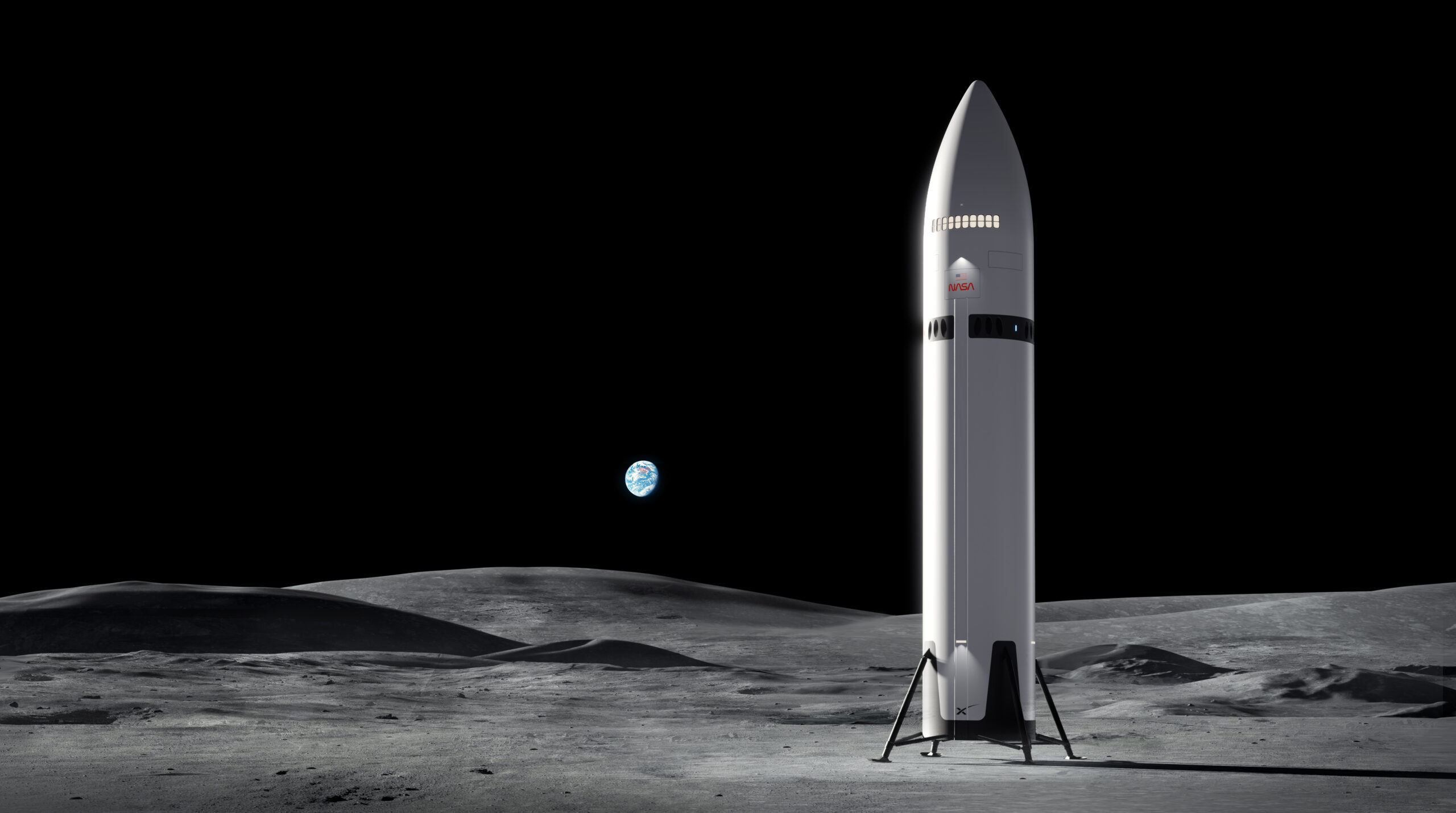 11 03 24 artemis 3 on surface.jpg An artist’s concept of SpaceX’s Starship Human Landing System (HLS) on the Moon. NASA is working with SpaceX to develop the Starship HLS to carry astronauts from lunar orbit to the Moon’s surface and back for Artemis III and Artemis IV. Starship HLS is roughly 50 meters tall, or about the length of an Olympic swimming pool.