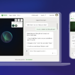 Virtual Agent Launches to Assist Xbox Insiders Today! A computer on support.xbox.com showing a text conversation between a user and the Support Virtual Agent about redeeming an Xbox gift card. The computer is next to a phone showing a conversation about connecting to an agent via chat or phone, with an image of the Support Virtual Agent.