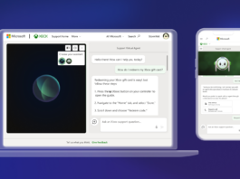 Virtual Agent Launches to Assist Xbox Insiders Today! A computer on support.xbox.com showing a text conversation between a user and the Support Virtual Agent about redeeming an Xbox gift card. The computer is next to a phone showing a conversation about connecting to an agent via chat or phone, with an image of the Support Virtual Agent.