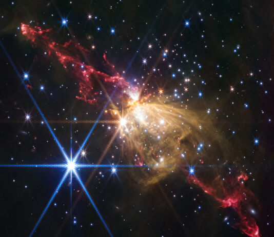 NASA’s Stellar Jet Discovery Gaseous yellow-orange filaments look like a flower seen from the side and tilted slightly from upper left to lower right, slightly higher than the center of the frame. Extending from the flower to upper left and lower right are red gas outflows that have an overall shape of tall, narrow triangles with rounded tips. Each red triangle is made up of wavy, irregular lines. Dozens of stars are scattered across the field. One particularly bright white star with eight diffraction spikes is located at the top of the yellow rose. Another bright blue star with even more prominent diffraction spikes is to its lower left. The background of space is black.