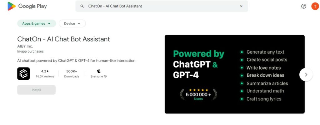 ChatOn - AI Chat Bot Assistant- Play Store