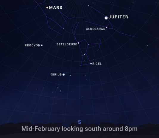 NASA’s February 2025 Skywatching Guide Highlights An illustrated sky chart shows the evening sky in mid-February, facing south around 8pm. Jupiter is marked as a bright white dot near the top, right of center. Mars is a slightly smaller dot at top, left of center. Across the center of the chart are the winter constellations Orion, Taurus, and Gemini, plus the bright star Sirius.