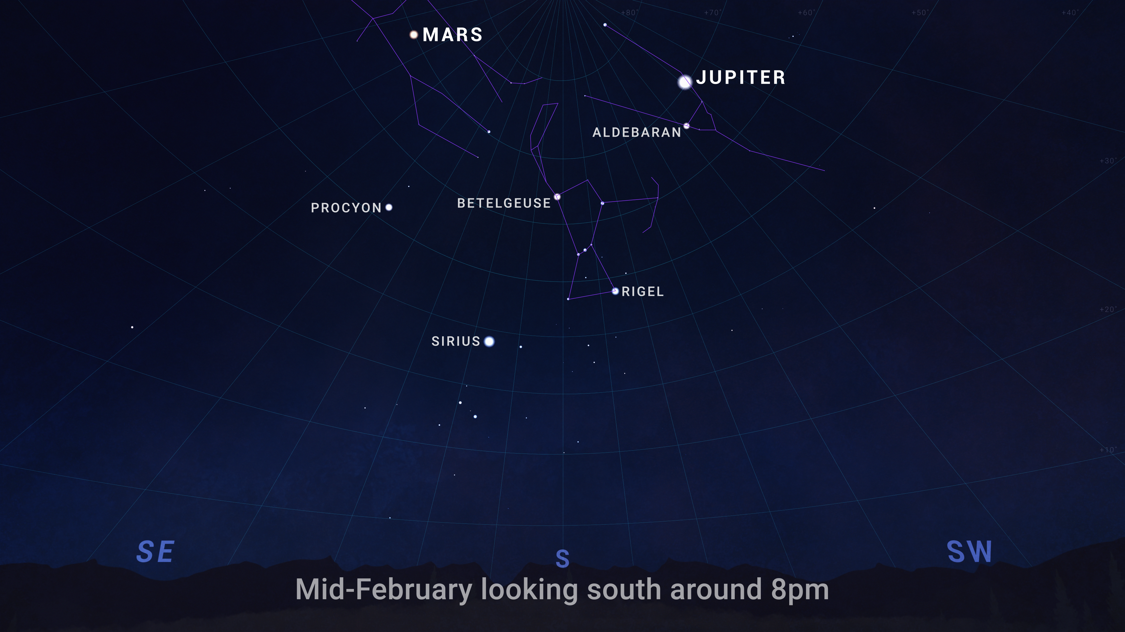 20250220stills skychart mars20and20jupiter.png An illustrated sky chart shows the evening sky in mid-February, facing south around 8pm. Jupiter is marked as a bright white dot near the top, right of center. Mars is a slightly smaller dot at top, left of center. Across the center of the chart are the winter constellations Orion, Taurus, and Gemini, plus the bright star Sirius.