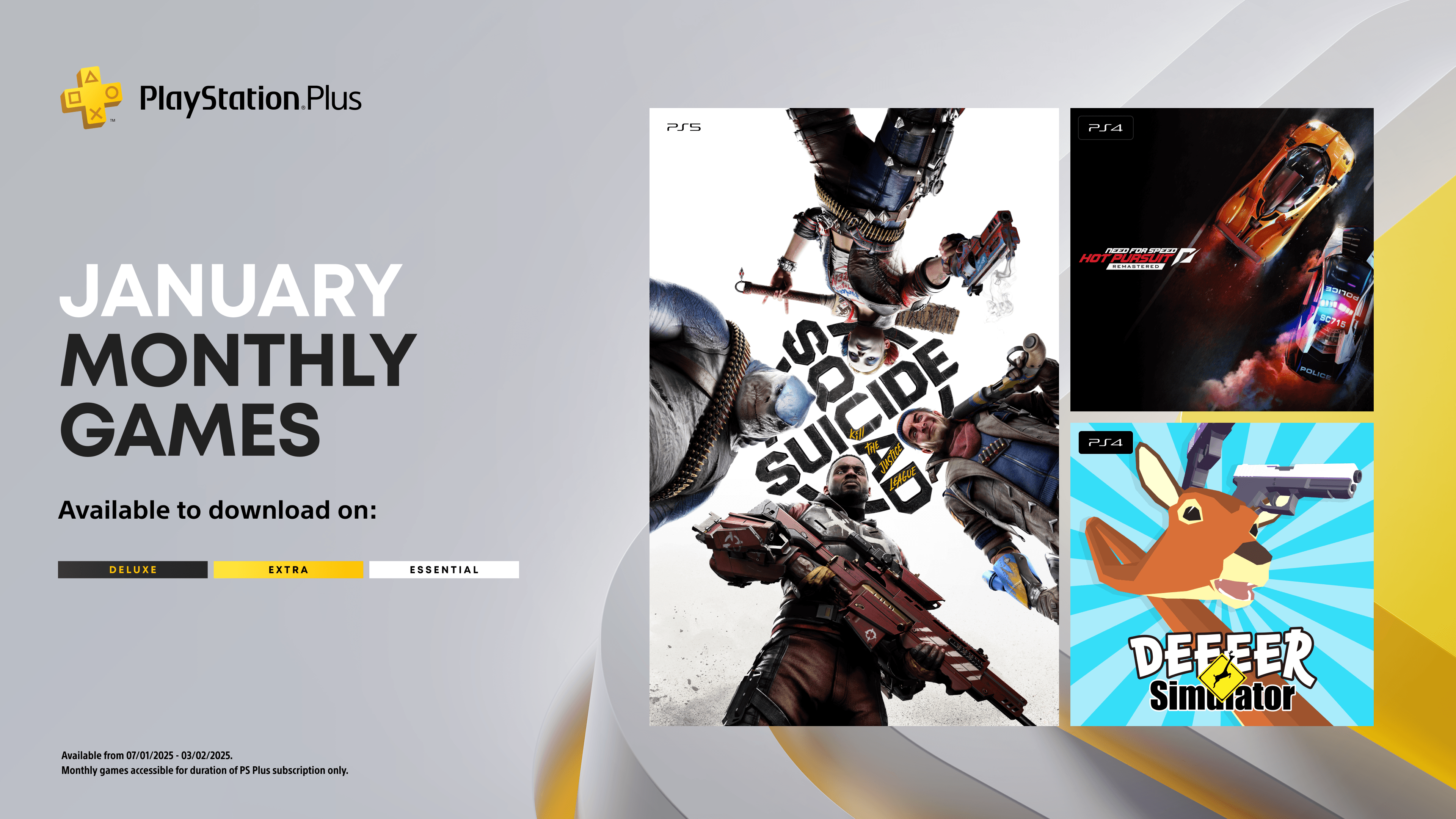 2471a07a41588c428bf1c6b670ff656c912f6e44.png (For Southeast Asia) PlayStation Plus Monthly Games for January 2025: Suicide Squad: Kill the Justice League, Need for Speed Hot Pursuit, DEEEER Simulator: Your Average Everyday Deer Game