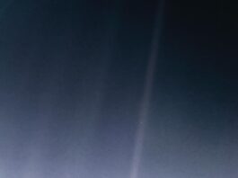 NASA Explores Our Tiny Blue Planet Earth is a single, bright blue pixel in the vastness of space. Rays of sunlight scattered within the camera optics stretch across the scene, one of which happens to have intersected dramatically with Earth. The original image was taken on Feb. 14, 1990. What you see here is an updated version from 2020 using modern image-processing software and techniques.