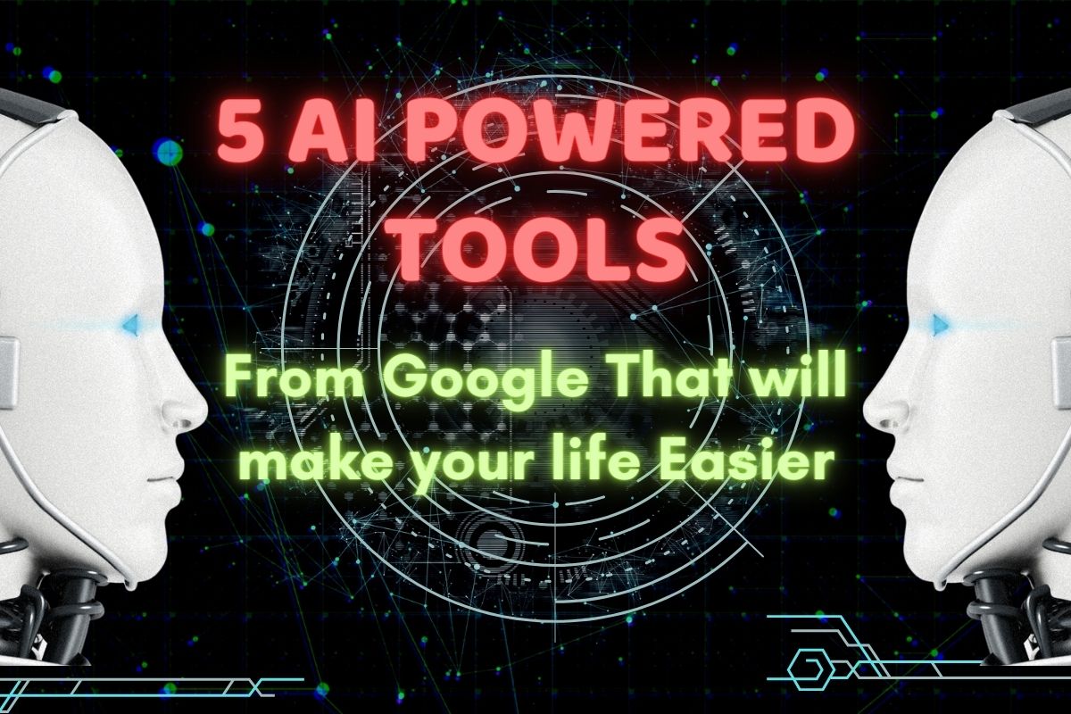AI tools advertisement with robots facing each other.