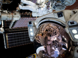 NASA Announces Spacewalk Coverage and Preview Conference This unique "space-selfie" from spacewalker Thomas Pesquet of ESA (European Space Agency) captures he and NASA spacewalker Shane Kimbrough as they work to complete the installation of the second roll out solar array on the International Space Station