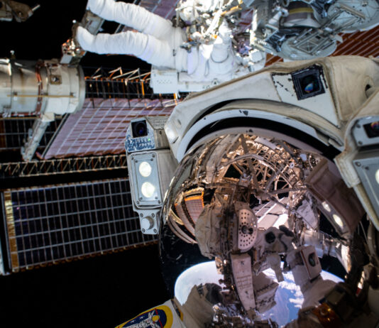 NASA Announces Spacewalk Coverage and Preview Conference This unique "space-selfie" from spacewalker Thomas Pesquet of ESA (European Space Agency) captures he and NASA spacewalker Shane Kimbrough as they work to complete the installation of the second roll out solar array on the International Space Station