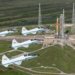 NASA’s T-38 Jets Fly Over Artemis I at Launch Pad NASA T-38s fly in formation above the Space Launch System rocket on Launch Pad 39B.