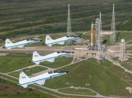 NASA’s T-38 Jets Fly Over Artemis I at Launch Pad NASA T-38s fly in formation above the Space Launch System rocket on Launch Pad 39B.