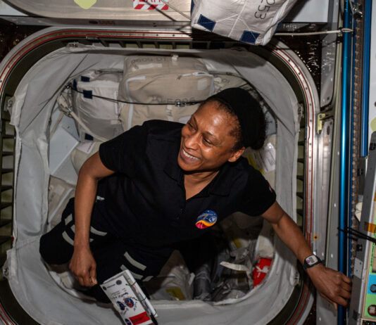 NASA Utilizes Wearable Technology for Space Station Experiments NASA astronaut and Expedition 70 Flight Engineer Jeanette Epps is pictured floating in microgravity aboard the International Space Station.