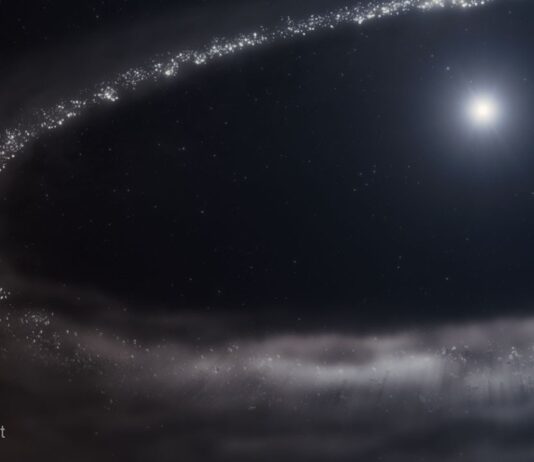 NASA’s Webb Telescope Discovers Frozen Disk An illustration of Sun-like star HD 181327 and its surrounding debris disk. The star is at top right. It is surrounded by a far larger debris disk that forms an incomplete elliptical path and is cut off at right. There’s a huge cavity between the star and the disk. The debris disk is shown in shades of light gray. Toward the top and left, there are finer, more discrete points in a range of sizes. The disk appears hazier and smokier at the bottom. The star is bright white at center, with a hazy blue region around it. The background of space is black. The label Artist