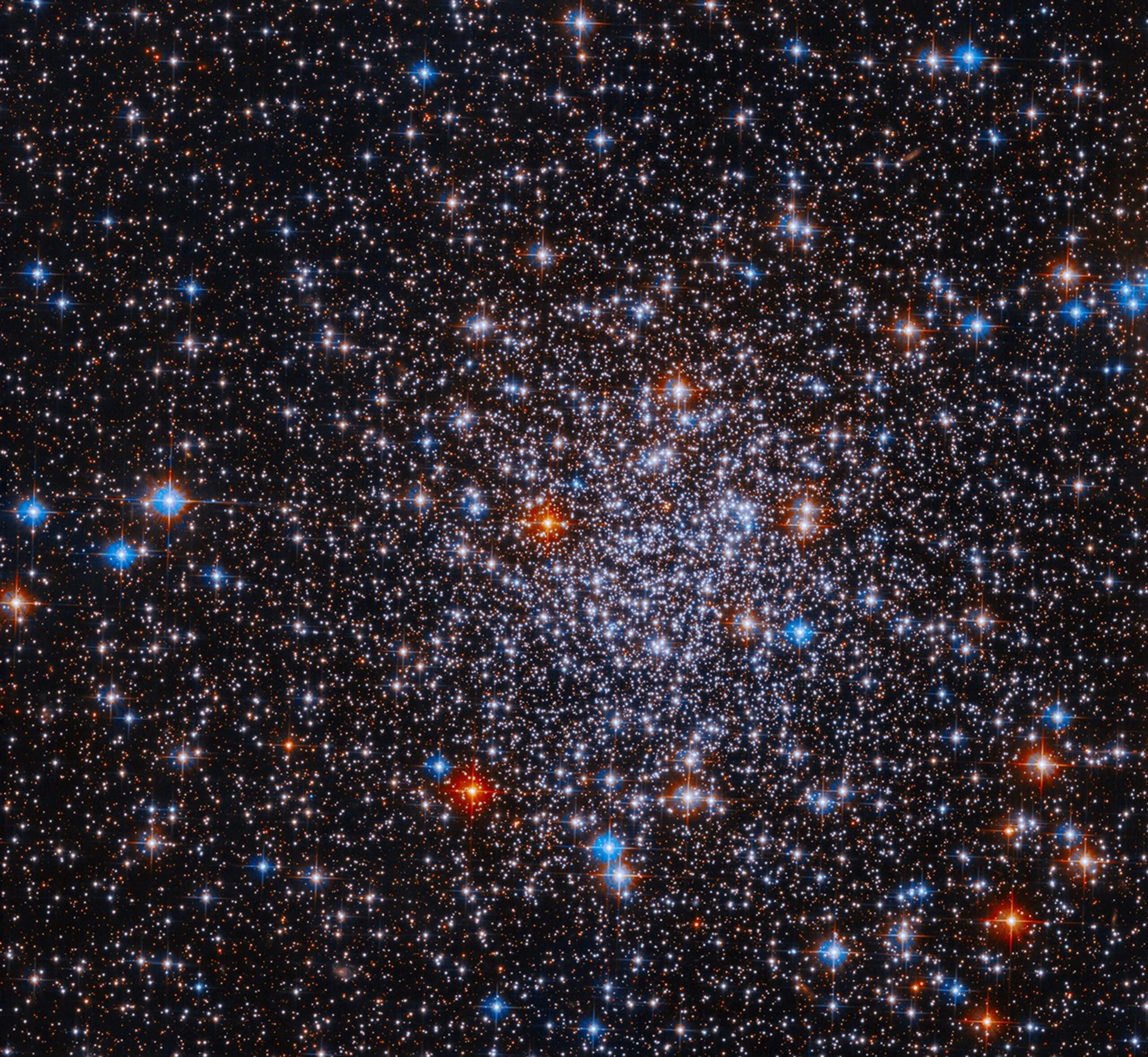 54641783315 26ffa3e65d o.jpg Bright stars cluster against a black background. The stars are more densely concentrated in the center of the image. The stars appear mostly white, but bright red and blue stars are also visible sprinkled throughout the image.