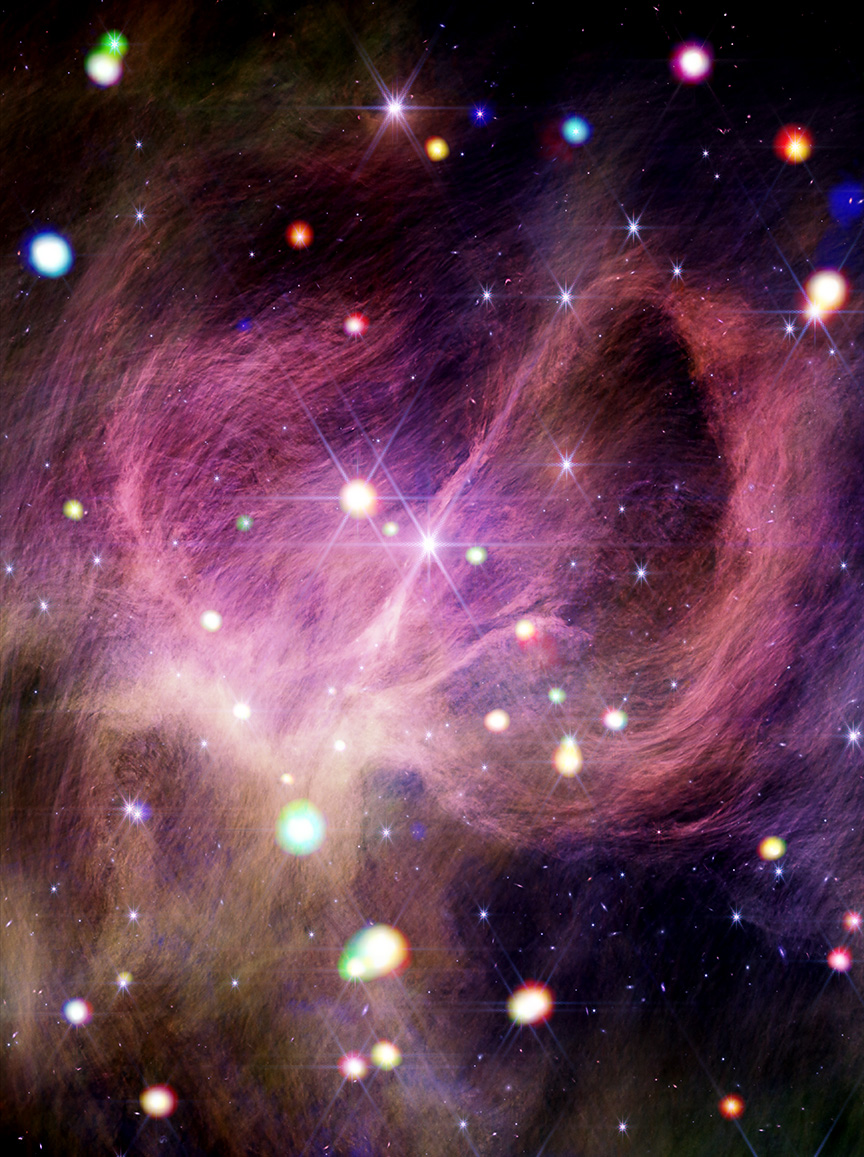 54735841713 aa9781d42e o.jpg Material resembling a tangle of dark pink hair swirls dramatically across the image. The picture is dotted with dozens of colorful orbs in various sizes.