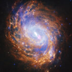 NASA’s Telescopes Capture Stunning Images of Spiral Galaxy A gold and blue spiral galaxy swirls in the darkness of space. There is a bright spot of light at its center.