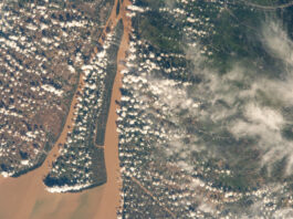 NASA Explores Southern Vietnam’s Bassac River A view of a brown river and an islet from the International Space Station. The land visible on the right is mostly dark green, while the land on the left is brown with green edges along the river. Clumps of smaller white clouds dot the photo, almost like lines of dots. Wispier clouds are visible along the right side of the image.