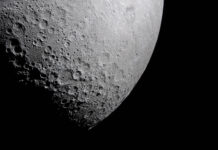 NASA Explores New Frontiers in Light Research Part of the Moon stands out against the blackness of space. Its surface is marked with many craters of different sizes. The craters are mostly on the left and bottom. The upper right portion of the Moon