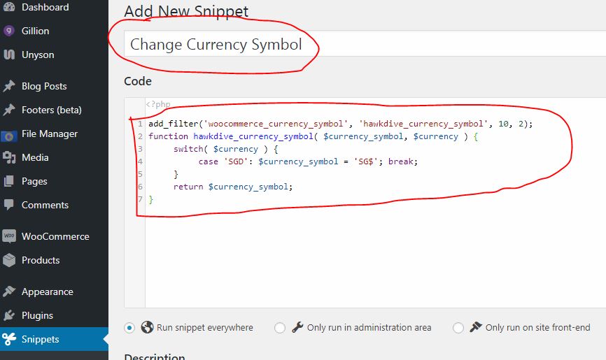 Change the Currency Symbol by adding Filter Hook function using Code Snippets