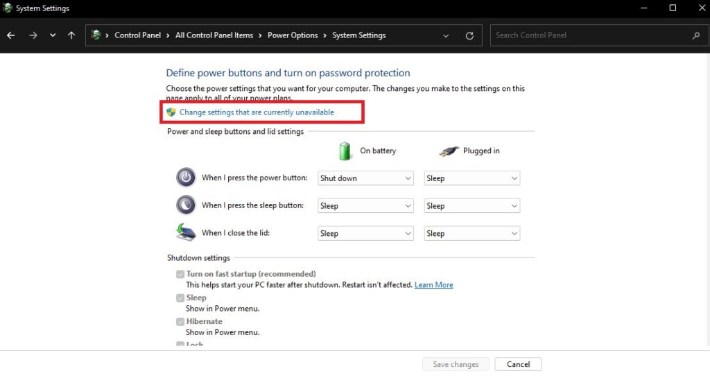 Change settings that are currently unavailable, Power Options section