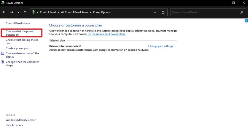 Windows 11, Choose what the power buttons do