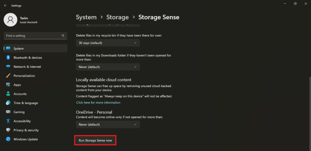 Delete Windows.old Folder in Windows 11 Using System Storage Sense