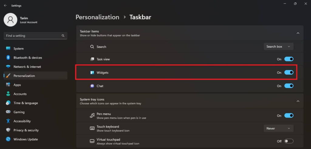 Disable Widget Using Settings on your Windows 11