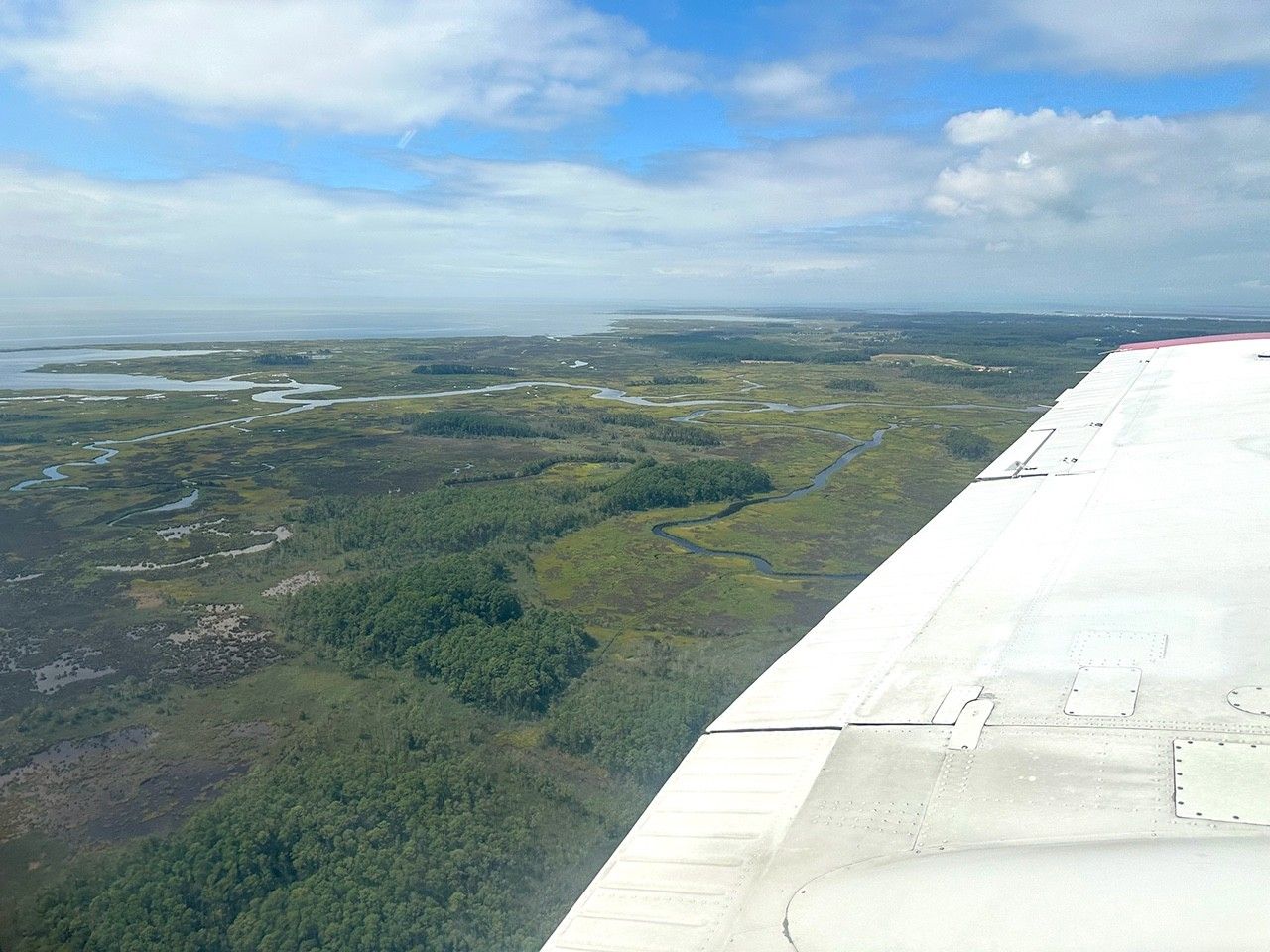 The image shows an aerial view of the Chesapeake Bay, with groves of trees, rivers, a body of water in the distance, and green land. The horizon, a third of the way down the image, separates the blue cloudy sky from the land. On the right of the image is a white wing of a plane.
