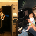 Inside NASA: Engineers Juggle Math, Mentorship, and Motherhood Two images - Left, Diana Acosta holding her daughter in front of the cab of NASA