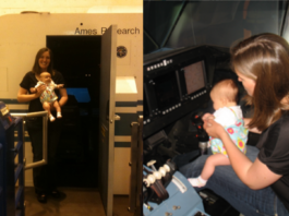 Inside NASA: Engineers Juggle Math, Mentorship, and Motherhood Two images - Left, Diana Acosta holding her daughter in front of the cab of NASA