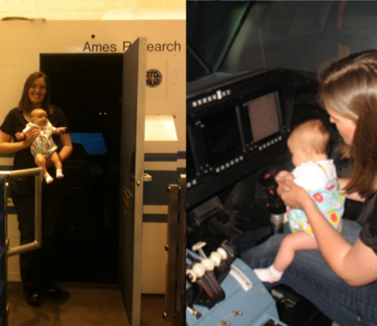 Inside NASA: Engineers Juggle Math, Mentorship, and Motherhood Two images - Left, Diana Acosta holding her daughter in front of the cab of NASA