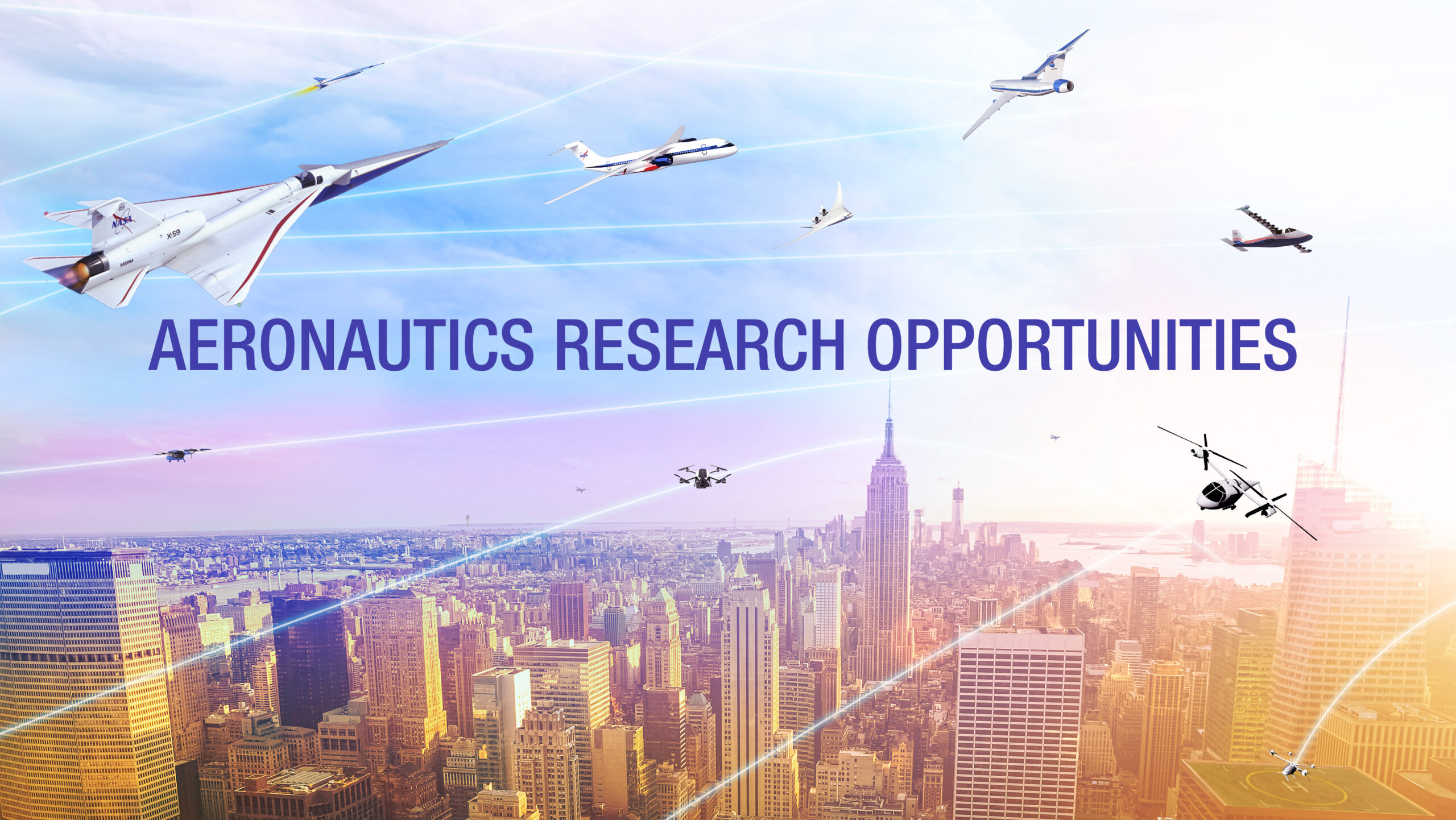 A graphic showing various airplanes over a sun-drenched New York City skyline. with the words 