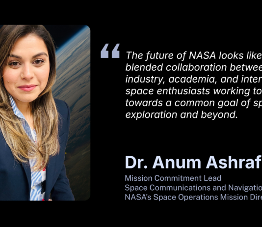 Introducing NASA’s Space Ops: Anum Ashraf A graphic featuring a photo of Dr. Anum Ashraf, mission commitment lead for NASA