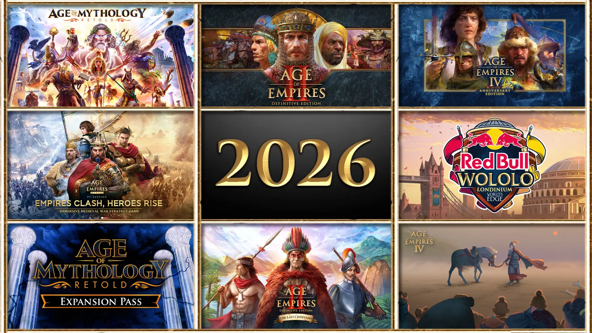 aoe 2026 blog header grid.webp.webp What’s Coming in 2026 for Age of Empires and Age of Mythology - Age of Empires - World's Edge Studio