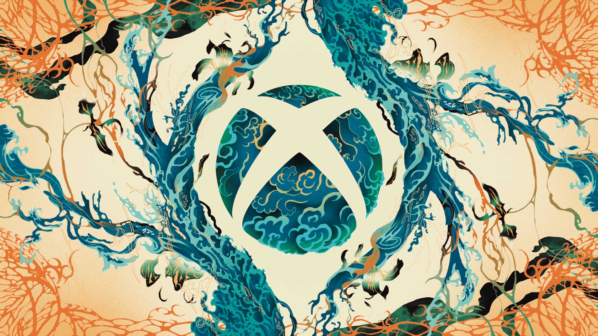 apihm 25 hero 1920x1080 6bb2d8db3447e41101f5.jpg Stylized Xbox logo in celebration of Asian and Pacific Islander Heritage Month featuring a sphere with blue water and a background with blue and orange abstract structures with a root-like appearance.