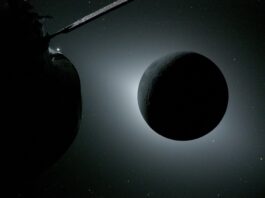 NASA’s Artemis II Crew Shares Official Moon Flyby Photos with Earth The Moon, backlit by the Sun during a solar eclipse, is photographed by NASA’s Orion spacecraft on April 6, 2026, during the Artemis II mission. Orion is visible in the foreground on the left. Earth is reflecting sunlight at the left edge of the Moon, which is slightly brighter than the rest of the disk. The bright spot visible just below the Moon’s bottom right edge is Saturn. Beyond that, the bright spot at the right edge of the image is Mars.