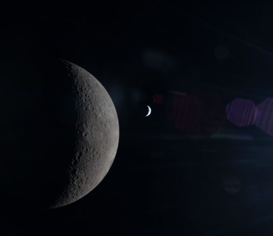 NASA Offers Fresh Insights into Home Planet’s Perspective This image, taken from behind the Moon, shows its half-illuminated surface in sharp detail. To the right, a much smaller crescent Earth can be seen, with shades of blue and white just barely distinguishable. A faint reflection of the Orion spacecraft