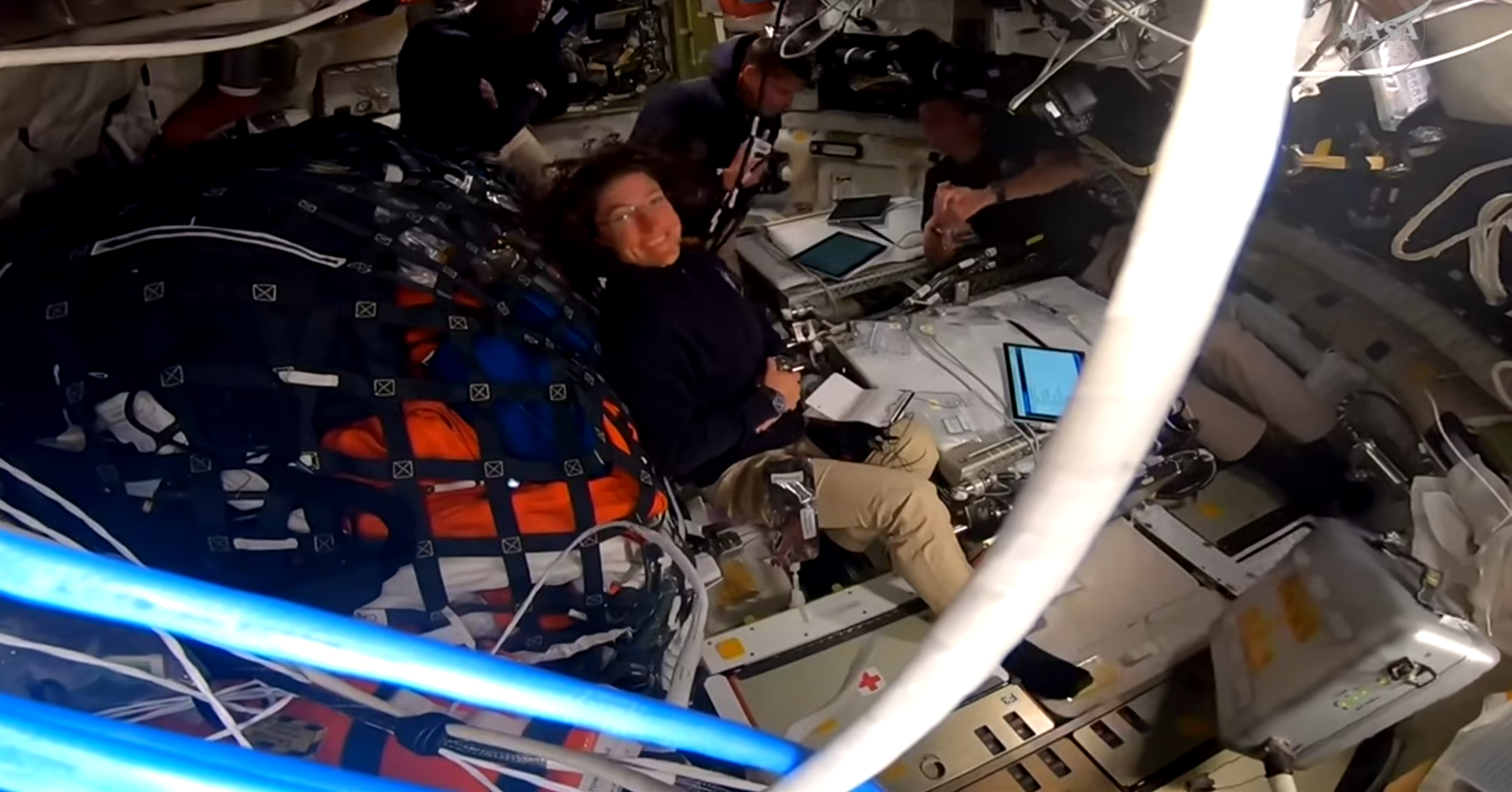 artemis ii crew in orion broadcast screenshot april 6 2026.png The Artemis II crew floats in Orion; NASA astronaut Christina Koch smiles at the camera as NASA a