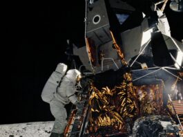 Apollo 12 Achieves Lunar Landing Milestone on This Date On the Moon, an astronaut in a white spacesuit climbs down a ladder on a lunar module. The lunar module is made of metal with gold and silver foil covering some of its lower half.